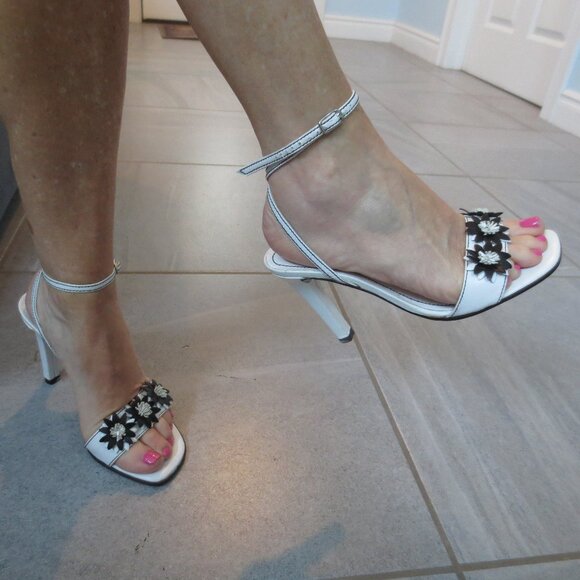 CHARLES DAVID White and Black Decorated High Heel Ankle Strap Sandals - Picture 6 of 9